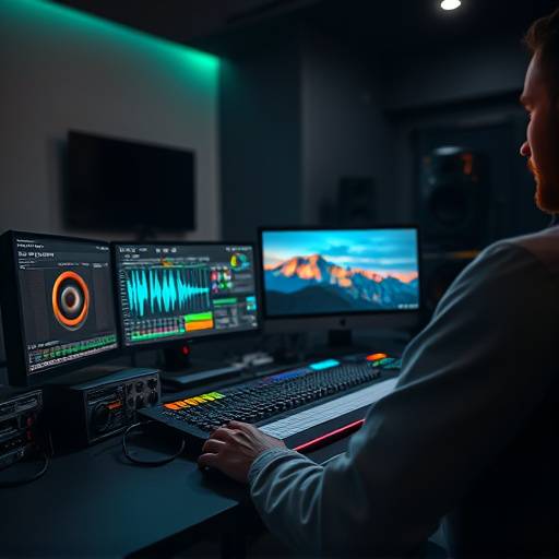 An audio editor working on sound design for a film, using a digital audio workstation.