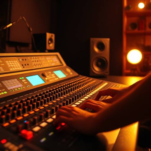 An audio engineer working on a mixing console, adjusting levels and effects.
