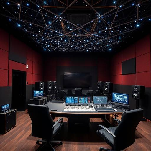 Image of Studio C's immersive Dolby Atmos mixing setup with surround sound speaker arrangement.