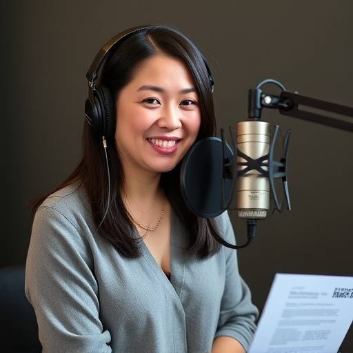 Photo of Sarah Chen, a podcaster who produces her show at Harmonic Resonance Studios.