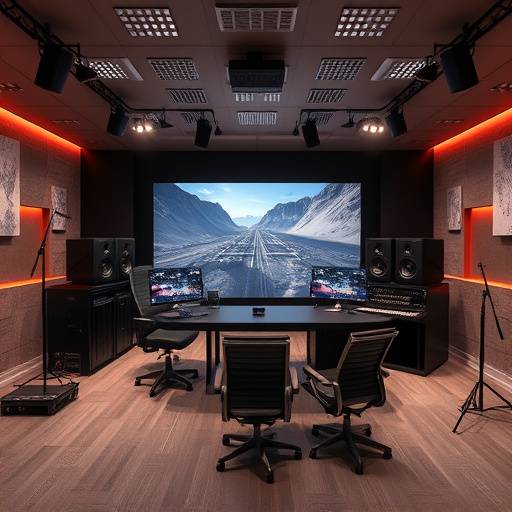 Picture of Studio C, showing a modern post-production suite with Dolby Atmos setup and surround sound speakers.