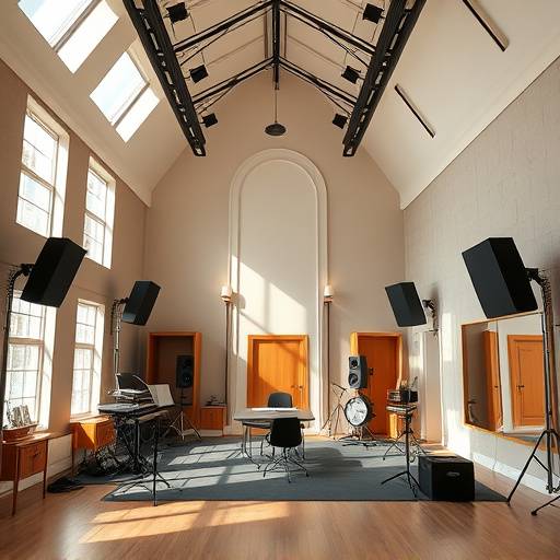 Studio A - a large recording room with ample natural light and high ceilings.